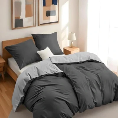 Afbeelding van Dreamzie 2 dekbedovertrekken 135 x 200 cm met kussenslopen 80 cm, donkergrijs/lichtgrijs beddengoed, van 100% microvezel, 4 delig, gecertificeerd zonder chemicaliën (Oeko Tex)