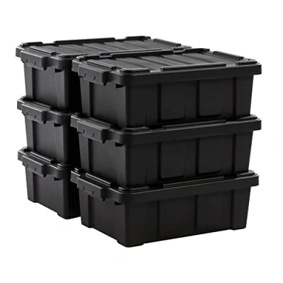 Image de Iris Ohyama, Caisse Rangement avec Couvercle Robuste, 12,5L, Lot de 6, Noir, Compact, Durable, Empilable, pour Garage, Etagères, Déménagement, Plastique, Boite a Outils, Bac Rangement, DDSKT 130