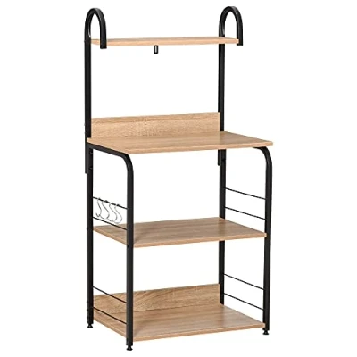 Afbeelding van HOMCOM Keukenrek, magnetronrek, 3 planken, dienblad, haken, spaanplaat, licht eiken, metalen frame, zwart