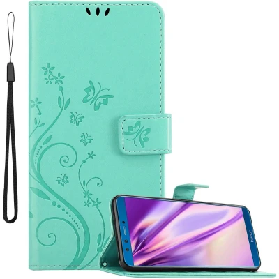 Afbeelding van Cadorabo Hoesje geschikt voor Honor 9 LITE in BLOEMEN TURKOOIS Beschermhoes bloemmotief met magnetische sluiting, standfunctie en kaartsleuven Book Case Cover Etui