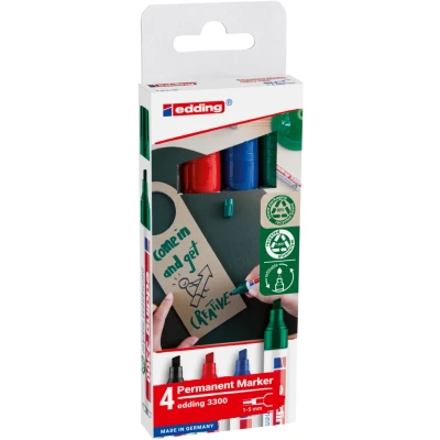 Afbeelding van edding 3300 permanent marker set met 4 kleuren zwart, rood, blauw, groen beitel punt 1 5 mm voor vrijwel alle oppervlaktes geschikt navulbaar aluminium barrel
