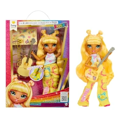 Image de Rainbow High Junior Rock Band Sunny Poupée Mannequin Jaune de 23 cm Avec Guitare, Personnalisable des Autocollants, Articulée, Jouet Mignon Pour Enfants Dès 4 Ans