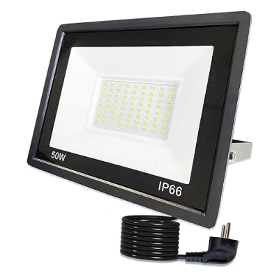 Afbeelding van Hopelit led buitenspot, 50 W, koudwit, IP66 waterdicht, schijnwerper voor buiten, buitenverlichting tuin, terras, garage, terras