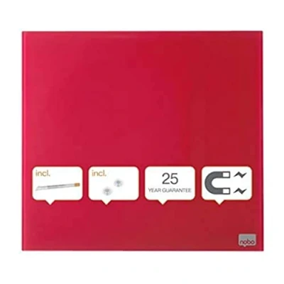 Afbeelding van Nobo Klein vierkant wandwhiteboard, magnetisch oppervlak van glas, droog afwasbaar, frameloos, onzichtbare bevestigingen, 300 x mm, inclusief markeerstift en magneten, rood, 1903954