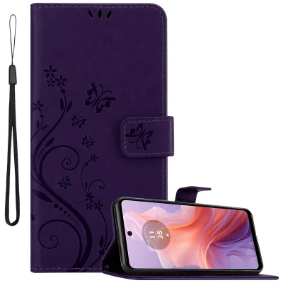 Afbeelding van Cadorabo Hoesje geschikt voor Motorola Moto E14 in BLOEMEN DONKER PAARS Beschermhoes bloemmotief met magnetische sluiting, standfunctie en kaartsleuven Book Case Cover Etui