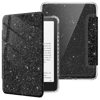 Afbeelding van Fintie Hoesje voor Kindle Paperwhite (12e generatie) 2024 en Colorsoft Signature Edition, transparante zachte TPU beschermhoes met automatische slaap/wake functie, zwart glitter