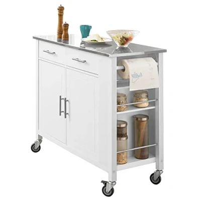 Afbeelding van SoBuy Rolling Trolley Keuken Opbergkast op Wielen Multifunctioneel Buffet met Zijplank, Deuren en Lades RVS Lade, 107x46x94 cm, FKW108 W