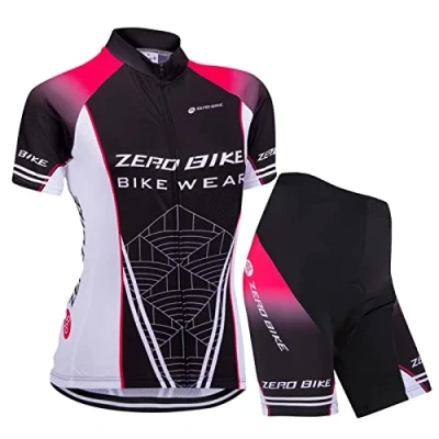 Afbeelding van Dames Fietsen Ademend Sneldrogende Shirts Set, Jersey Cycle Korte Mouwen Jas + 3D Kussen Gewatteerde Strakke Shorts Broek (Zwart Netwerk, S)