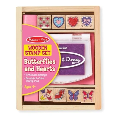Afbeelding van Melissa &amp; Doug Houten stempelset, harten en vlinders, cadeau voor meisjes jongens, 8 stempels + inktstempel, creatief speelgoed, knutselen jongens van 3, 4, 5, 6, 7 jaar