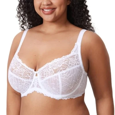 Afbeelding van DELIMIRA Minimizer Beha voor dames, grote maten, zonder vulling, volledige cups met kant, Wit.