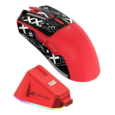 Afbeelding van ATTACK SHARK X11 gamingmuis met magnetisch oplaaddock, PixArt PAW3311 Gaming Sensor, BT/2.4G draadloze/bekabelde muisgrip tape, 22000 DPI, Gamer Mice voor Win11/Xbox/PS/Mac (rood)