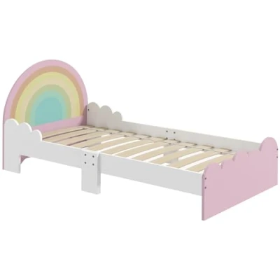 Afbeelding van ZONEKIZ Kinderbed van 3 tot 6 jaar, 143 x 74 66 cm, regenboogdesign, lattenbodem, roze, moderne slaapkamer