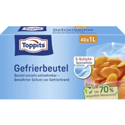 Afbeelding van Toppits diepvrieszakken 80 STUKS van 1 liter (2 x 40 stuks) GEEN ZIPSLUITING