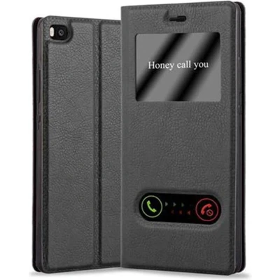 Afbeelding van Cadorabo Hoesje geschikt voor Huawei P8 in KOMEET ZWART Beschermhoes met magnetische sluiting, standfunctie en 2 kijkvensters Book Case Cover Etui