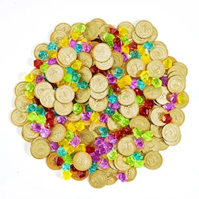 Afbeelding van JOYIN 288 stuks gouden piratenschat en piratenschat, Halloween speelgoed, feestcadeau (144 munten + 144 edelstenen)