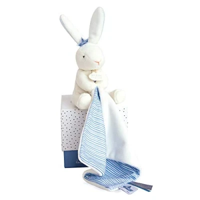 Afbeelding van Doudou et Compagnie Pluche dier konijn met knuffeldier 10 cm blauw en wit Matelot DC3514