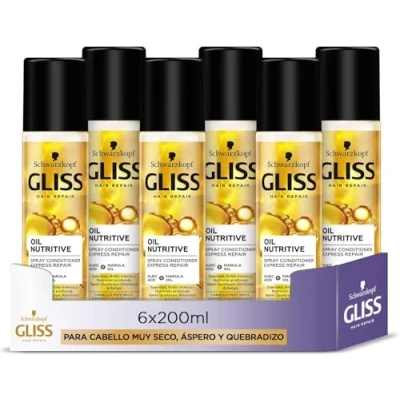 Afbeelding van Gliss Express 2 fase conditioner zonder uitspoelen voor zeer droog, broos of haar Nutritive Oil 6 stuks van 200 ml (1200 ml) Nutrition gamma