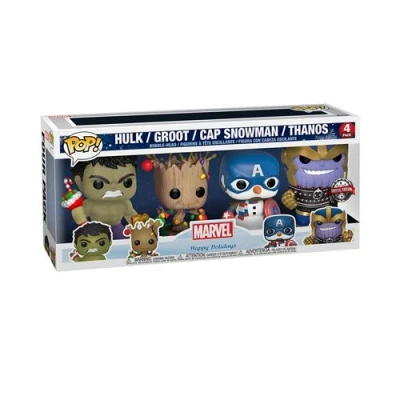 Image de Pack de 4 Figurines Funko Pop Marvel Holiday Groot Hulk Thanos Captain America Exclusivité Fnac