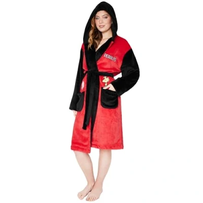 Afbeelding van Peanuts Snoopy Fleece badjas voor dames met capuchon, zakken en geknoopte riem, comfortabel cadeau haar, Rood/Zwart