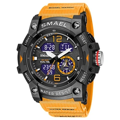 Afbeelding van AIMES Sporthorloge voor heren, waterdicht, analoog, digitaal, militaire stijl, datumweergave, multifunctioneel, led, alarm en stopwatch, C oranje, riem