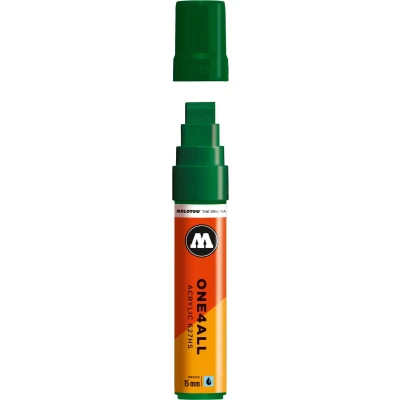 Afbeelding van Molotow ONE4ALL 15mm Acryl Marker Groen Geschikt voor vele oppervlaktes zoals canvas, hout, steen, keramiek, plastic, glas, papier, leer...