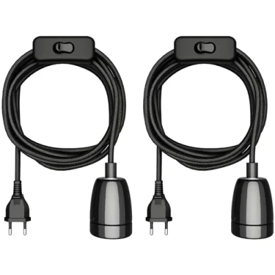 Afbeelding van ledscom.de 2 stuks LEHA II textielkabel, stekker, schakelaar, zwart, 3 m, porseleinen fitting, 1 x E27 max. 300 W