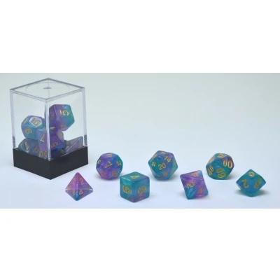 Afbeelding van Dobbelstenen Stardust Aqua/Paars 7set brick