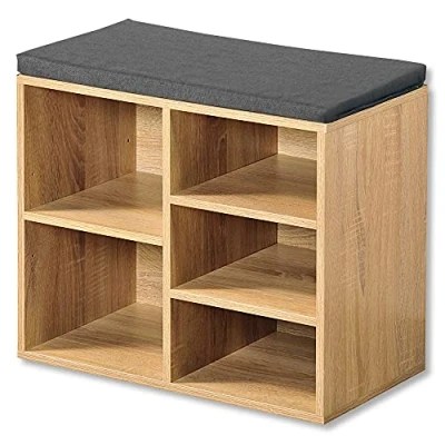 Afbeelding van Schoenenkast met GRIJS Zitkussen, voorzien van 5 Opbergvakken Schoenenbank voor Schoenen en Laarzen 1 Variabel Vak Afm. 51,5 x 48 29,5 Cm. Kleur: EIKENHOUT