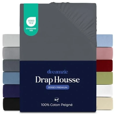 Image de Dreamzie Drap Housse 160x200 cm, Jersey 100% Coton Premium, Hauteur De Matelas Jusqu&#039;à 27 Hypoallergénique, Oeko Tex, Gris Foncé