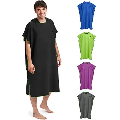 Afbeelding van Badponcho van microvezel, voor dames en heren, compact zeer licht; surfponcho, verhuishulp, handdoek omkleedhulp op het strand, zwart, l