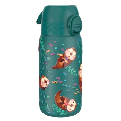Afbeelding van ION8 Drinkfles van roestvrij staal, 400 ml, lekvrij, gemakkelijk te openen, veilige vergrendeling, vaatwasmachinebestendig, draaggreep, reinigen, duurzaam, ottermotief