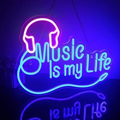 Afbeelding van Looklight Muziek Is My Life neonbord, led wanddecoratie, dimbaar, voor slaapkamer, muziekstudio, bar, club, party, roze en blauw