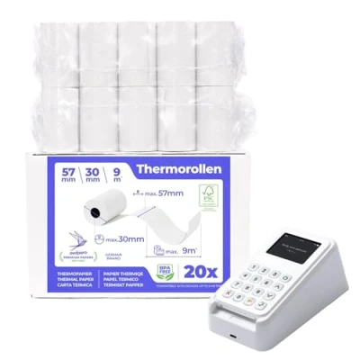 Afbeelding van SWIPARO rol tpe 57 mm x 9 m 12 rollen voor bankkaart terminal thermisch papier spoel 57x30x12 BPA vrij (20 spoelen)