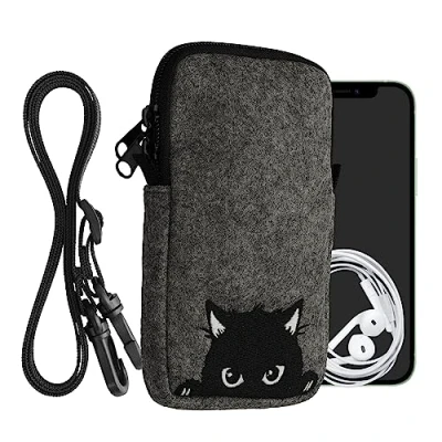 Afbeelding van kwmobile Tasje voor smartphones L 6,5&quot; Hoesje van vilt in grijs / zwart Phone case met nekkoord design