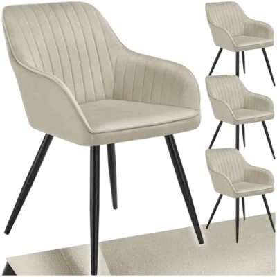 Afbeelding van tectake® 4 x Stoel Marilyn Elegante Fluwelen Gestikte Eetkamerstoelen in Creme/Zwart