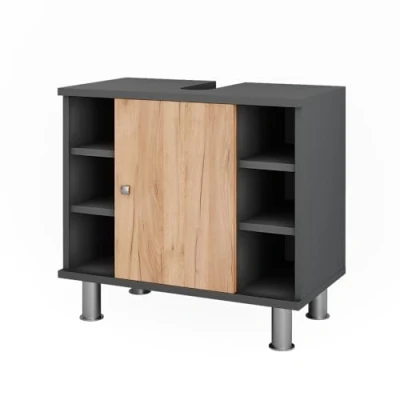 Afbeelding van Vicco FynnWastafelonderbouw 60 x 54 cm met 6 legplanken Antraciet/gouden eik