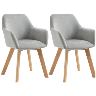 Afbeelding van HOMCOM Set van 2 eetkamerstoelen, keukenstoel, gestoffeerde zitting stof, fluwelen effect, houten poten, voor keuken, woonkamer, slaapkamer, kantoor, grijs