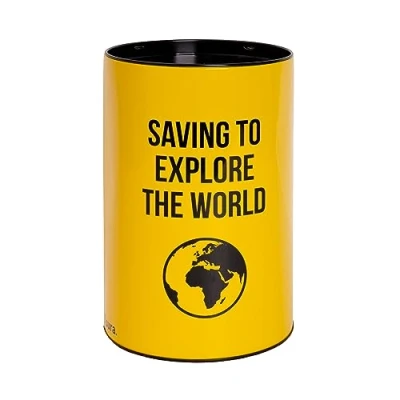 Afbeelding van FISURA Originele Spaarpot voor reizigers &quot;saving to explore the world&quot;. Grote van blik. op reis om cadeau te geven. Afmetingen: 13 x 20 cm
