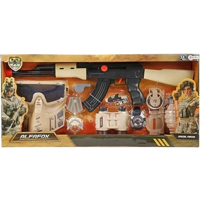 Afbeelding van ALFAFOX Militaire set Desert L o.a. geweer &amp; masker verrekijker soldaatje spelen 8 delig