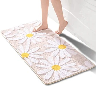 Afbeelding van Badmat, beige, schattig madeliefjespatroon, antislip, wasbaar, wit en geel bloemenpatroon, zachte microvezel, absorberend, 60 x 120 cm