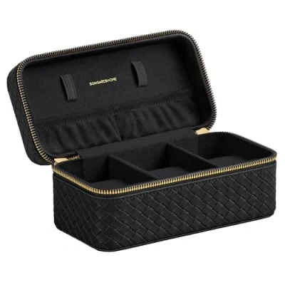 Afbeelding van SONGMICS HOME RONNE Collection Reisetui voor 3 horloges, zits horlogedoos, geweven PU wafeleffect, 10 x 20 9 cm, cadeau idee, inktzwart oppervlak en zwarte voering JWB017B01