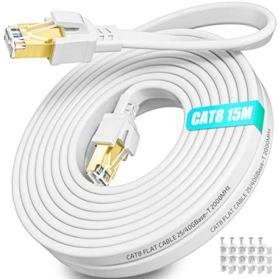 Afbeelding van Ethernet kabel, 15 m, RJ45, afgeschermd, Cat 8, ethernetkabel, High Speed FTP, 40 Gbit/s, 2000 MHz, Gigabit Flat, netwerkkabel voor switch, router, PS5/4 modem (wit, clips)