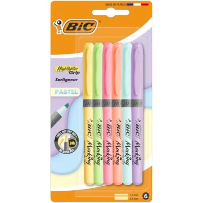 Afbeelding van BIC Highlighter Grip Pastel Markeerstiften met Verstelbare Schuine Punt Diverse Kleuren 6 Stuks