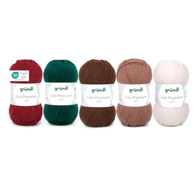 Afbeelding van Gründl Lisa Premium Uni 5 bollen wol voor breien en haken, 100% Polaycryl, 50 g / 133 m breiset, wit, bruin, bordeaux, groen