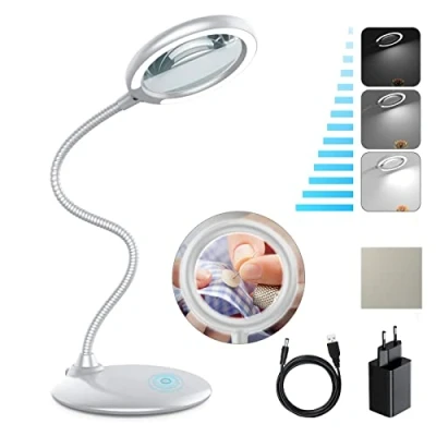 Afbeelding van Tonhui 3 x ledlamp, dimbaar, groot bureauvergrootglas, verlicht, op voet, om te lezen, voor ouderen, vrije tijd, handwerk, werkbank