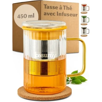 Afbeelding van Cosumy theemok met theezeef en deksel, 450 ml, van borosilicaatglas onderzetter kurk gekleurde handgrepen