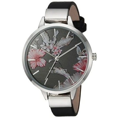 Afbeelding van Nine West Dameshorloge met bloemenwijzerplaat, Zwart/Goud, Kwartsuurwerk