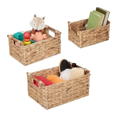 Afbeelding van Relaxdays opbergmand set van 3 gevlochten mand waterhyacint handgrepen badkamermand