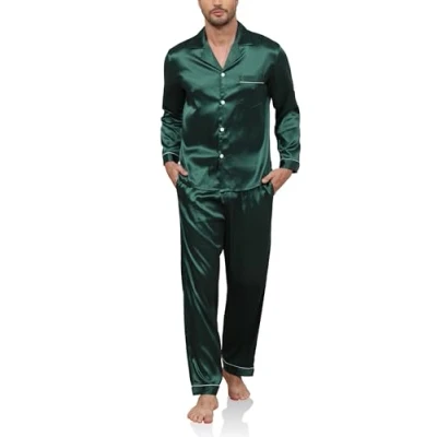Afbeelding van Reliwel Zijden pyjamaset voor heren, overhemd met lange mouwen en broek, zijdeachtige tweedelige pyjamaset, gekerfde kraag, nachtkleding S XXL, Groen
