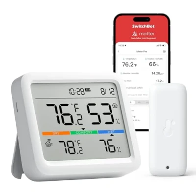 Afbeelding van SwitchBot Weerstation voor thuis, hygrometer, binnenthermometer, temperatuursensor met datum/weersvoorspelling/intelligente waarschuwing, gratis gegevensopslag export,